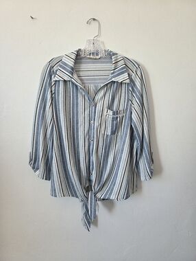 Parallel Skies Blue Striped Button Front Shirt Waist Tie Coastal Beachy Breezy L